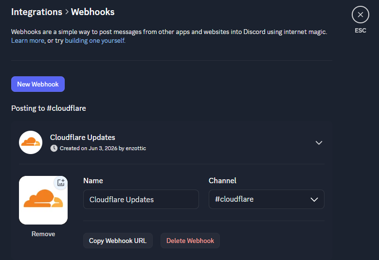 The webhooks menu with the webhook I made for my Cloudflare Workers